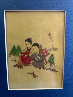 Framed Asian Embroidery Art Two Children