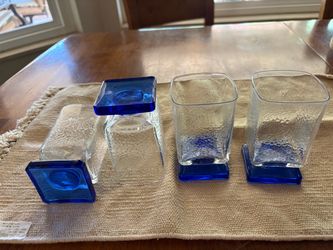 Set of 4 Bormioli Rocco cobalt blue square pedals tool base liqueur glasses