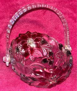 Mikasa Holiday Christmas Poinsettia 8” x 6” Crystal Glass Basket with Plastic Handle FLAWLESS!
