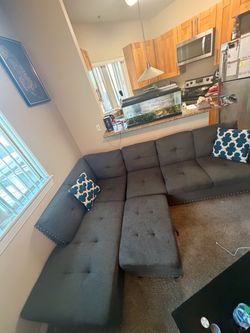 grey velvet living room sectional with bench