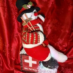 Handmade Snowman Ski Patrol Christmas Decor – Rustic Winter Holiday Display – 15” Snow Scene