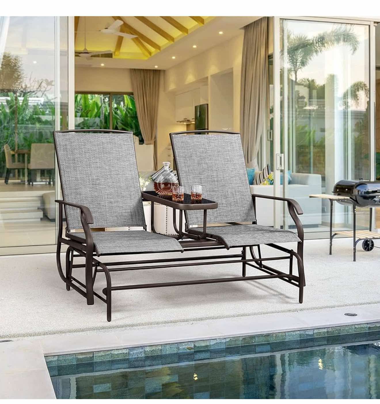 2-Seat Outdoor Glider with Center Table, Patio Rocking Loveseat K-14