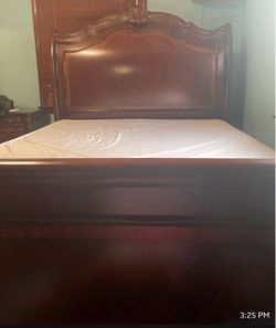 Cherry Wood Sleigh Bed Frame with Carved Headboard