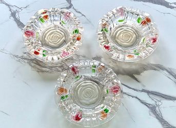 MCM Pressed Glass Ashtray-Frosted Embossed Rose Pattern-Indonesia-Set of 3-Vintage!