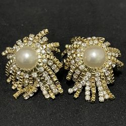 Runway Clip Earrings Rhinestone & Box Chain Movable Tassels Faux Pearl Cabochon Center 