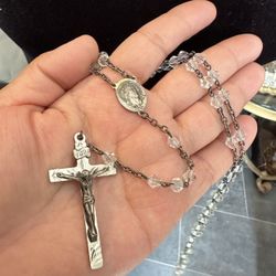 Vintage AFCO Moran Sterling Silver & Clear Faceted Rock Crystal Bead Rosary Jesus Crucifix