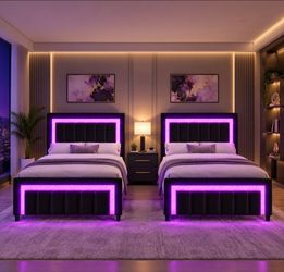 $160 for 2pc Twin Bed Frame with LED Lights and Velvet Upholstered Headboard
Adjustable Headboard, Diamond Headboard & Footboard, Wood Slats Support, 