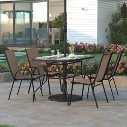 B947 $130  Bartlett 5-Piece Outdoor Dining Set, Patio Table with Tempered Glass Top and Umbrella Hole, 4 Flex Comfort Textilene Stack Chairs, 47", Bro