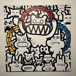 Vintage Black and White CATS Pop Art Graffiti Acrylic on Canvas Signed Unframed