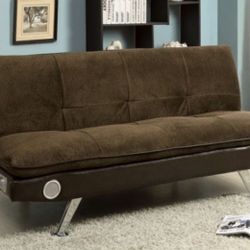 Brand New Brown Futon Sofa Sleeper w Bluetooth Speakers 
