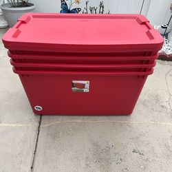 4 Sterilite Red Storage Bins with Wheels 36 1/8" L x 21" W x 18 5/8 Η(91.8 cm x 53.3 cm x 47.3 cm)