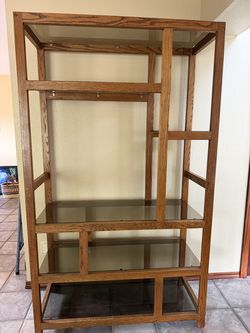 Oak and Smoke Glass Etagere Shelf Display Unit