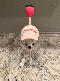 Starbucks Bear Glass Cup with Strawberry Straw