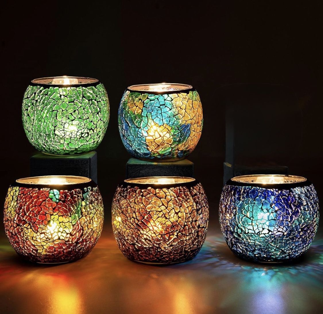 Rancco Glass Votive Candle Holder for Tealight, 5 Set Romantic Stained Mosaic Tealight Candle Holders, Handmade Cracked Aromatherapy Candle Lamp for V