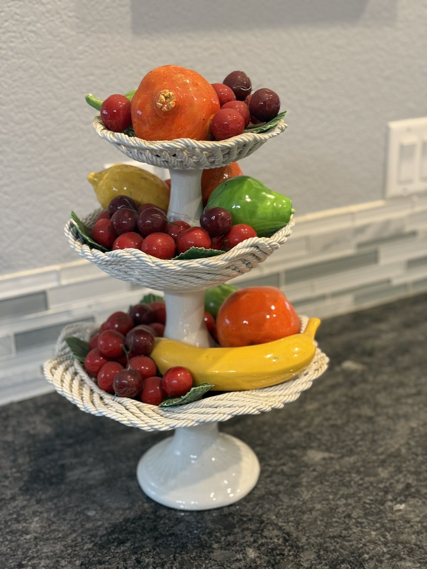 Vintage 17 inch tall Vintage Woven Bassono Porcelain/Ceramic Fruit Basket (artificial)