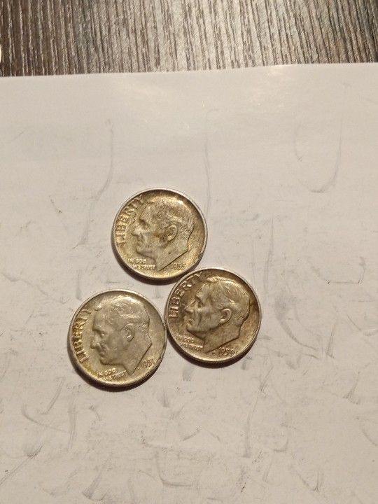 3 Toned Roosevelt Dimes. 90% Silver