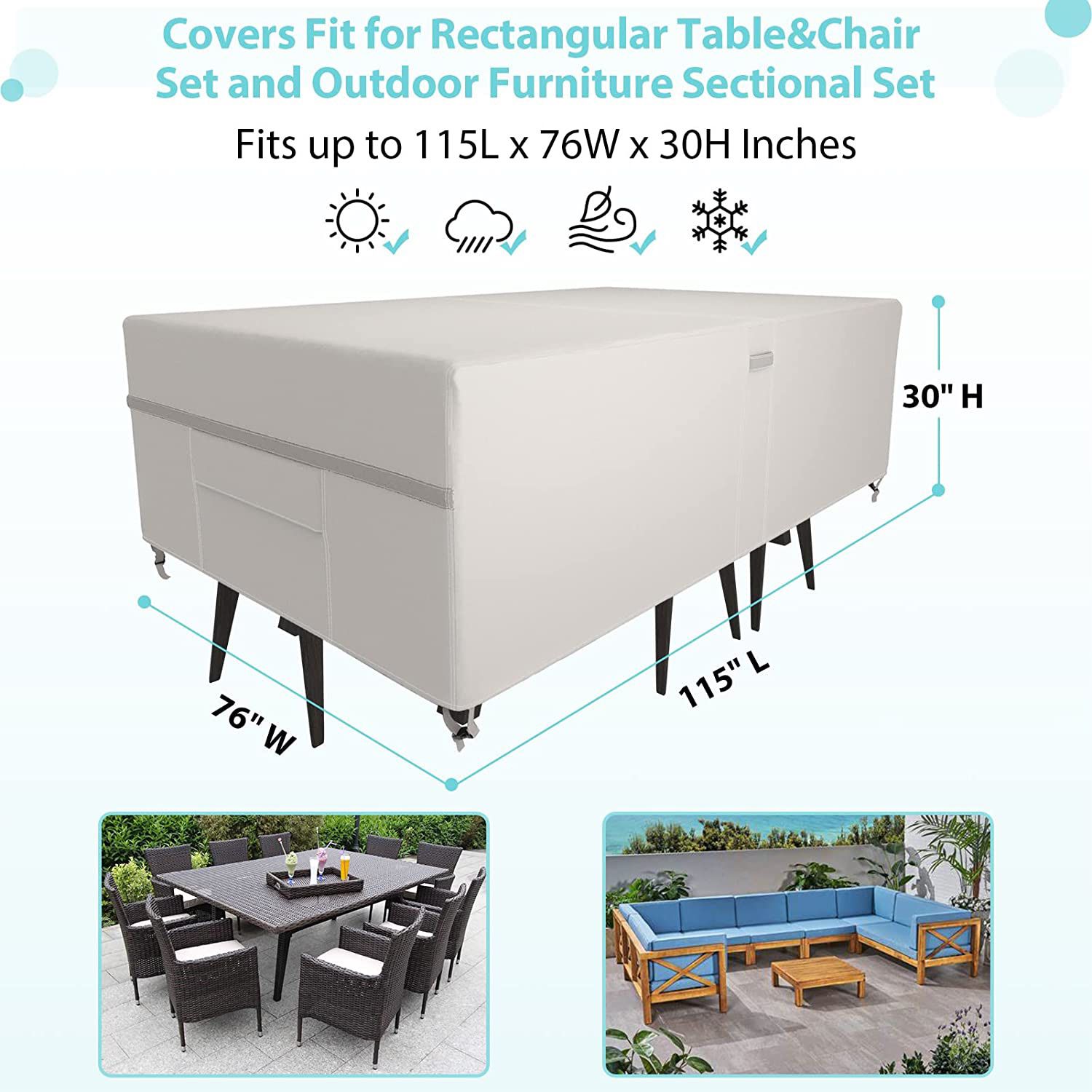 MR. COVER Patio Furniture Sectional Set Covers Waterproof, Outdoor Dining Set Cover Rectangular for Outside Table and Chairs, 115L x 76W x 30H, Rip-Re