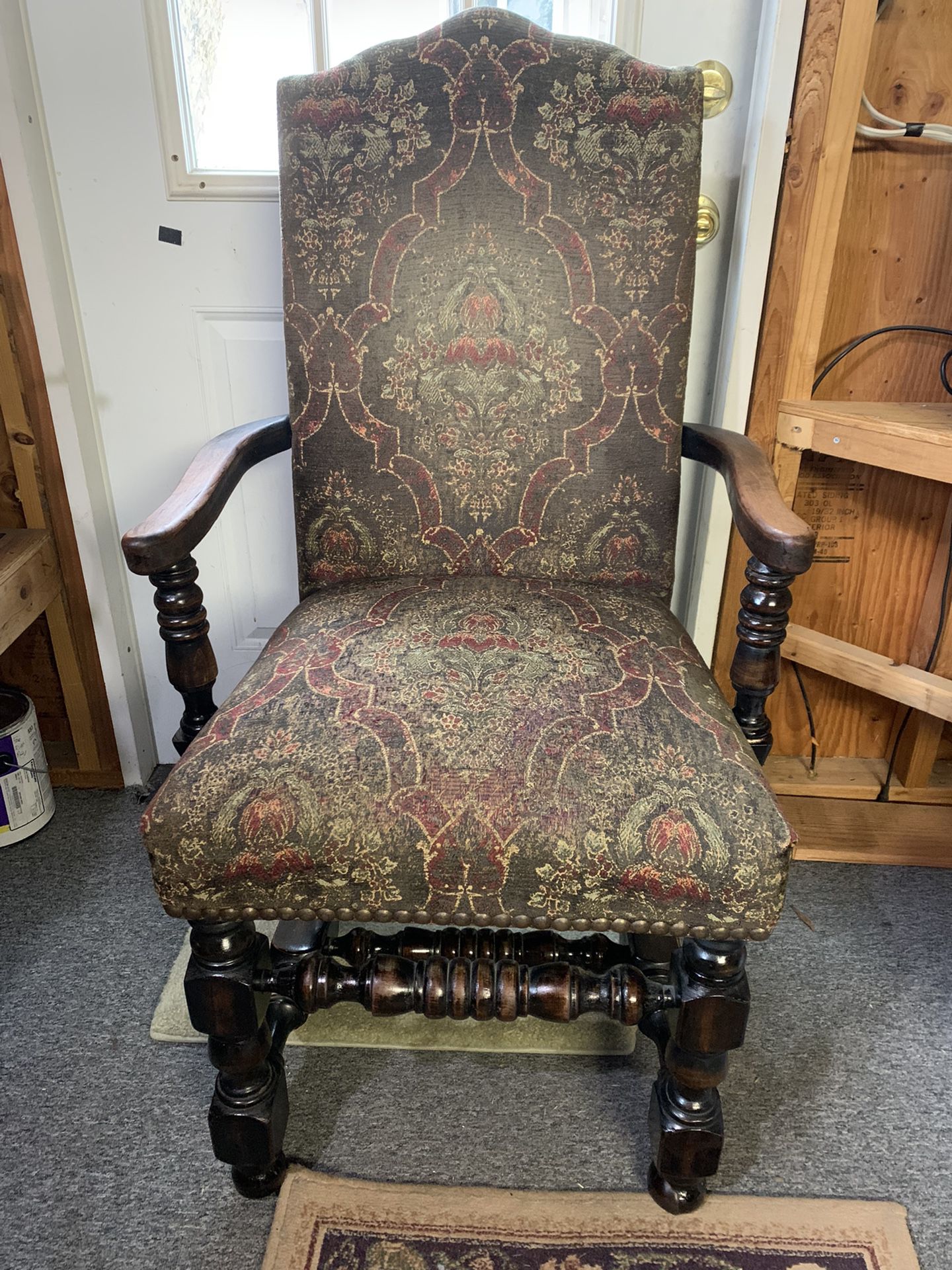 Antique Style Cushioned Wooden Side Chair With Fabric