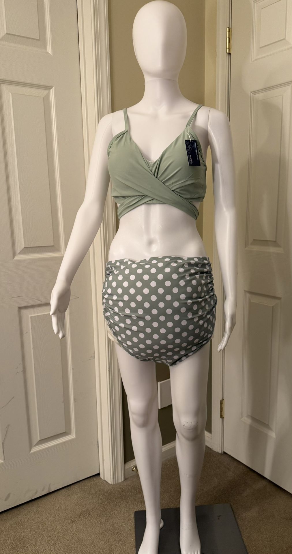 New NWT Summer Maternity l Green Polka Dot Two Piece Bikini Set XL J