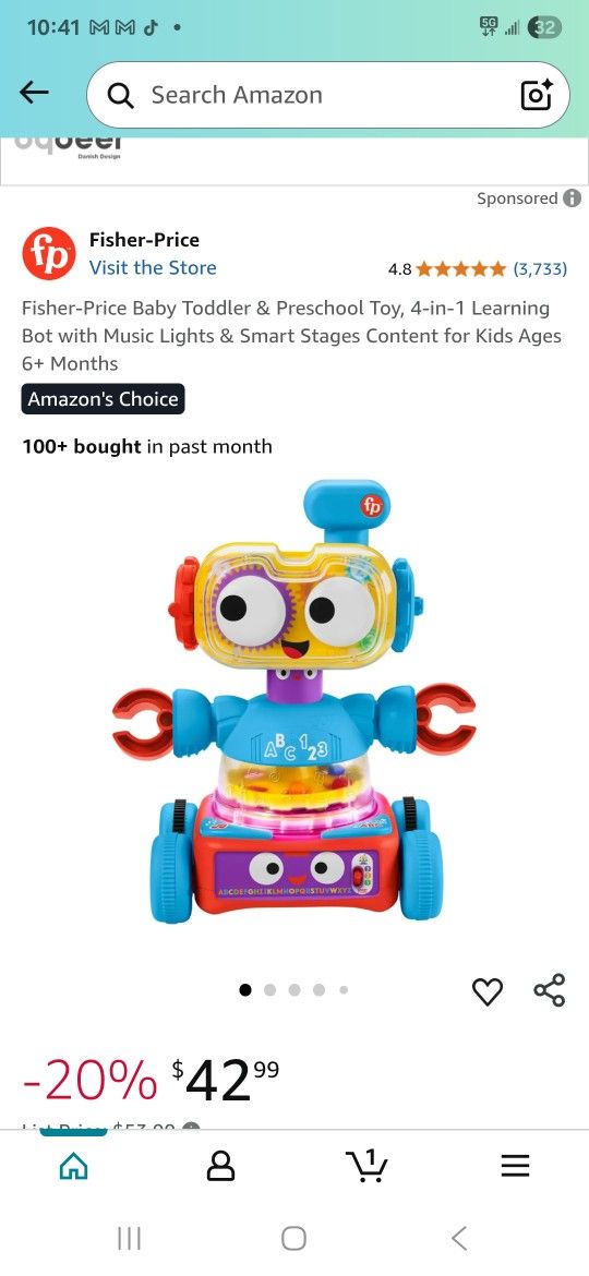 Fisher-Price Baby Toddler & Preschool Toy, 4-in-1 Learning Bot with Music Lights & Smart Stages Content for Kids Ages 6+ Months