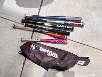 Lot of 6 Baseball/Softball Bats with Wilson Bag