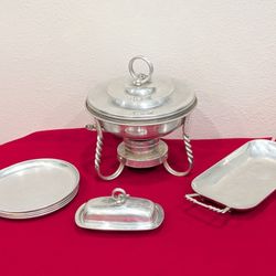 Vintage Aluminum Chafing Dish Set Tray plates Butter Dish Collectible Catering 