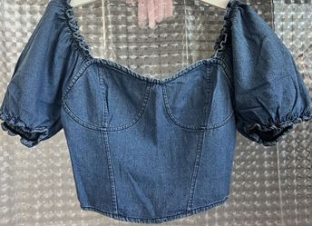 Denim Bustier Like Top With Puffy Sleeves Size L Never Used