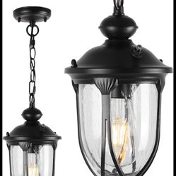 17” H Large Dusk to Dawn Outdoor Hanging Lantern Rustic Exterior Pendant, Seeded Glass, Adjustable 