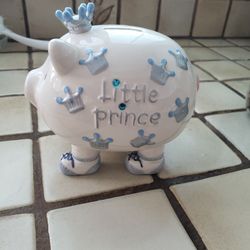 Mud Pie Little Prince Blue Crown Baby Boy Ceramic Piggy Bank