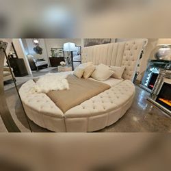 Ivory Boucle fabric circle storage space Queen bed frame