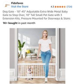 Fidofavs Small Pet Gate 10" Tall , 18"-45" W, Step Over Adjust. White  Metal, Pressure Mount New 