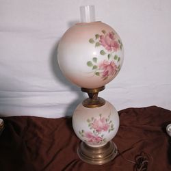 Vintage L&L WMC 3-Way Gone With The Wind Parlor Lamp Pink Roses Milk Glass Hurricane Style