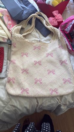 Pink and tan ribbon tote bag