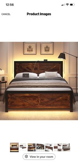Led Bed Frame Queen Size with USB Charging Station, Industrial Platform Bed Frame with Farmhouse Barn Door Headboard, Strong Metal Slats Support, Nois