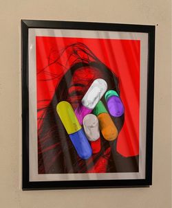 Red Girl with pills custom art piece on black frame