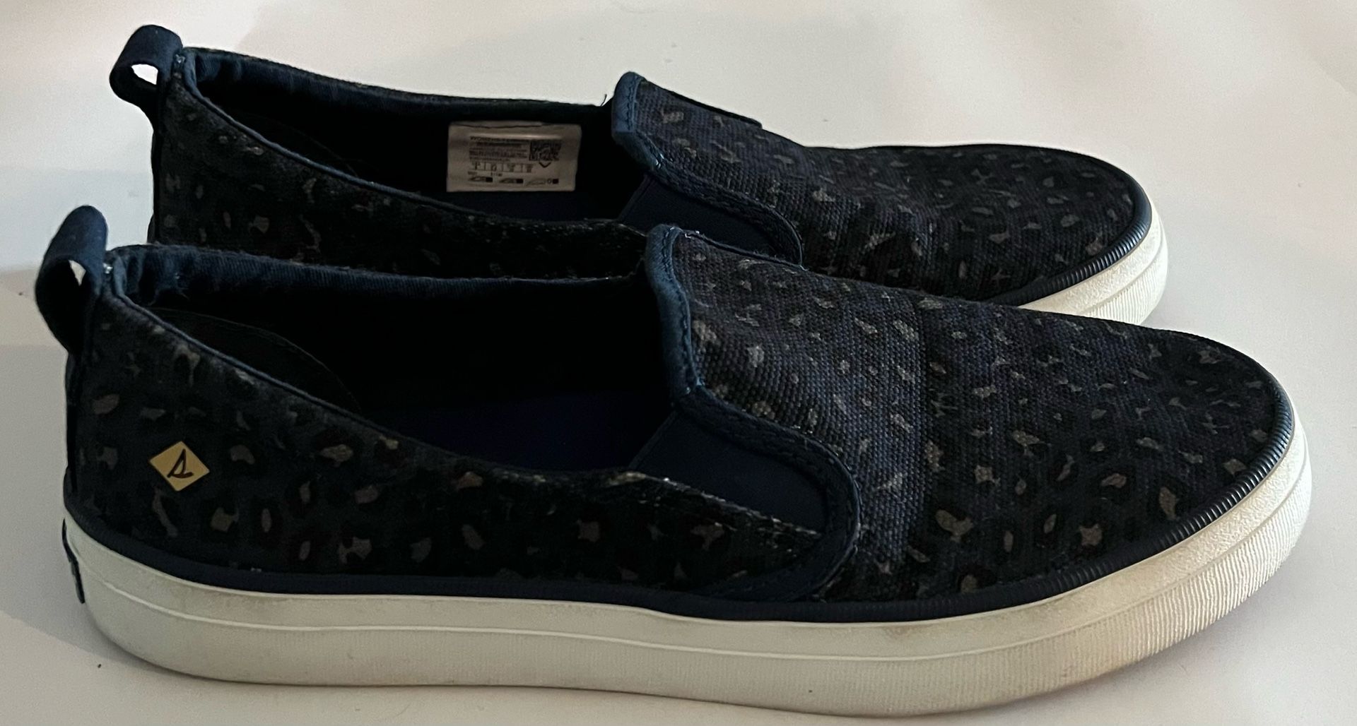 Navy Blue Cheetah Print Sperry Top Sider Flat Loafer Slide On Shoes Sz 8