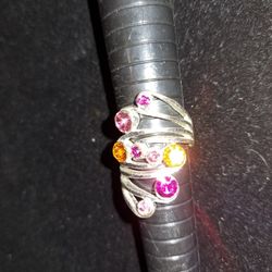 Shiny Silver Swirled Orange Pink Gem Stone Ring