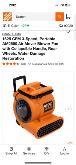 Shop RIDGID 1625 CFM 3-Speed, Portable AM2560 Air Mover Blower Fan with Collapsible Handle, Rear Wheels, Water Damage Restoration