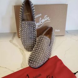 Christian Louboutin Mens Rollerboy Spikes Shadow Grey Flat Slip On Loafer