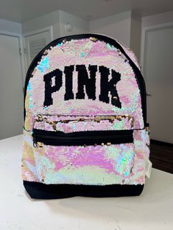 Victoria’s Secret PINK Iridescent Bling Laptop Pearl Silver Gold Sequin Backpack NEW
