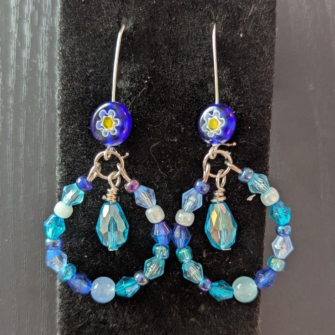π Blue Glass Flower & Teardrop Dangle Earrings β Handmade & Hypoallergenic π