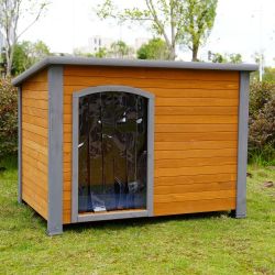 45" winter warm outdoor indoor dog house, made of solid wood, plastic curtain, insulation mat.