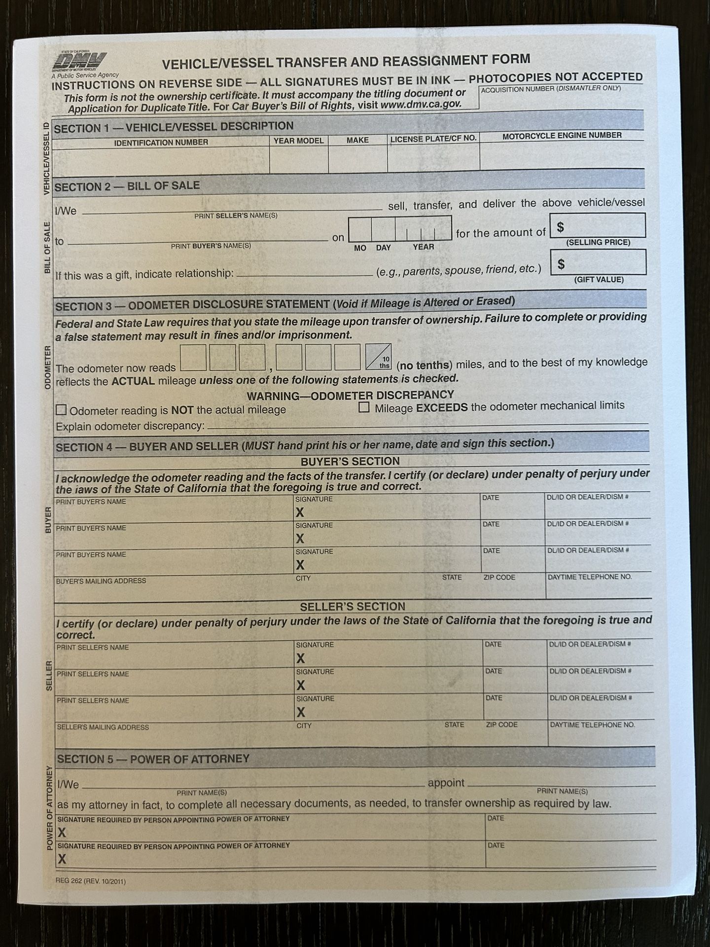 CA Reg 262 Bill Of Sale Reassignment Form