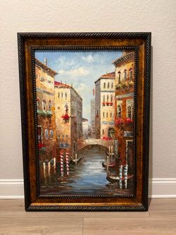 Framed Venice Canal Oil Painting