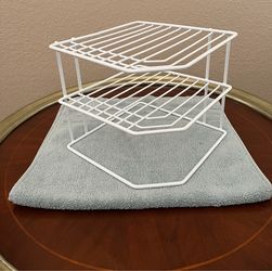 2-Tier White Wire Corner Shelf Rack