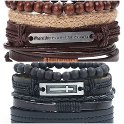 2 x Set Adjust. Size up to 9.5inc Leather Bracelet, (Will/Way-Cross_2)