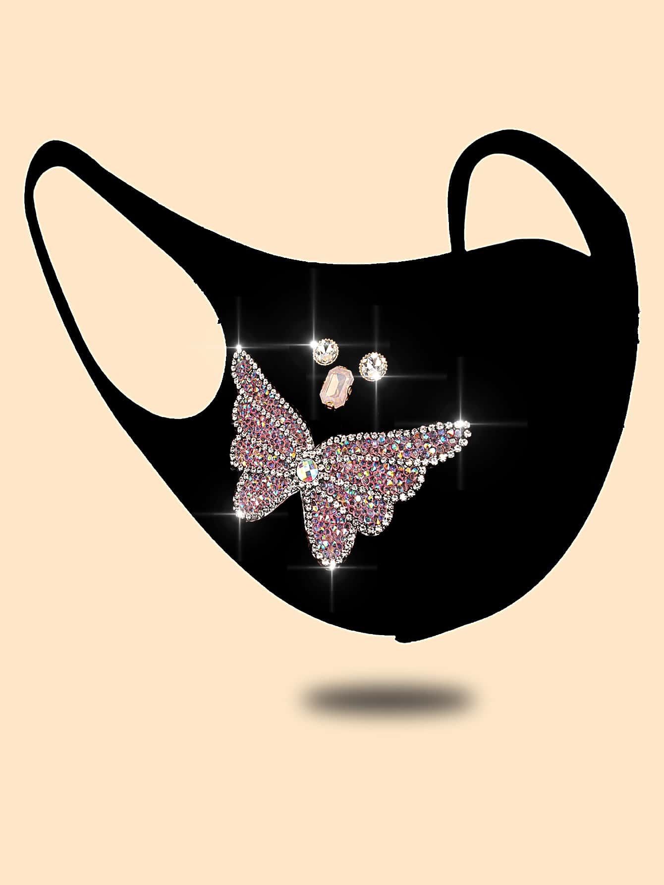 Rhinestone Butterfly Decor Face Mask , Black , Grey , 96% Polyester , 4% Spandex