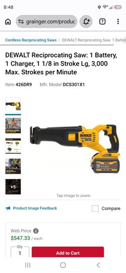 DEWALT Reciprocating Saw: 1 Battery, 1 Charger, 1 1/8 in Stroke Lg, 3,000 Max. Strokes per Minute