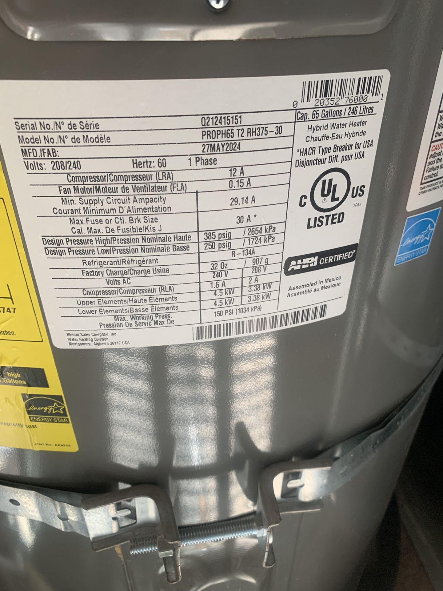 65 Gallon Hybrid Water Heater