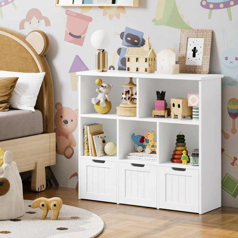 Toy Storage Organizer with 3 Movable Drawers, 5 Cube Kids Bookcase for Playroom, Storage Cabinet for Living Room, White Finish